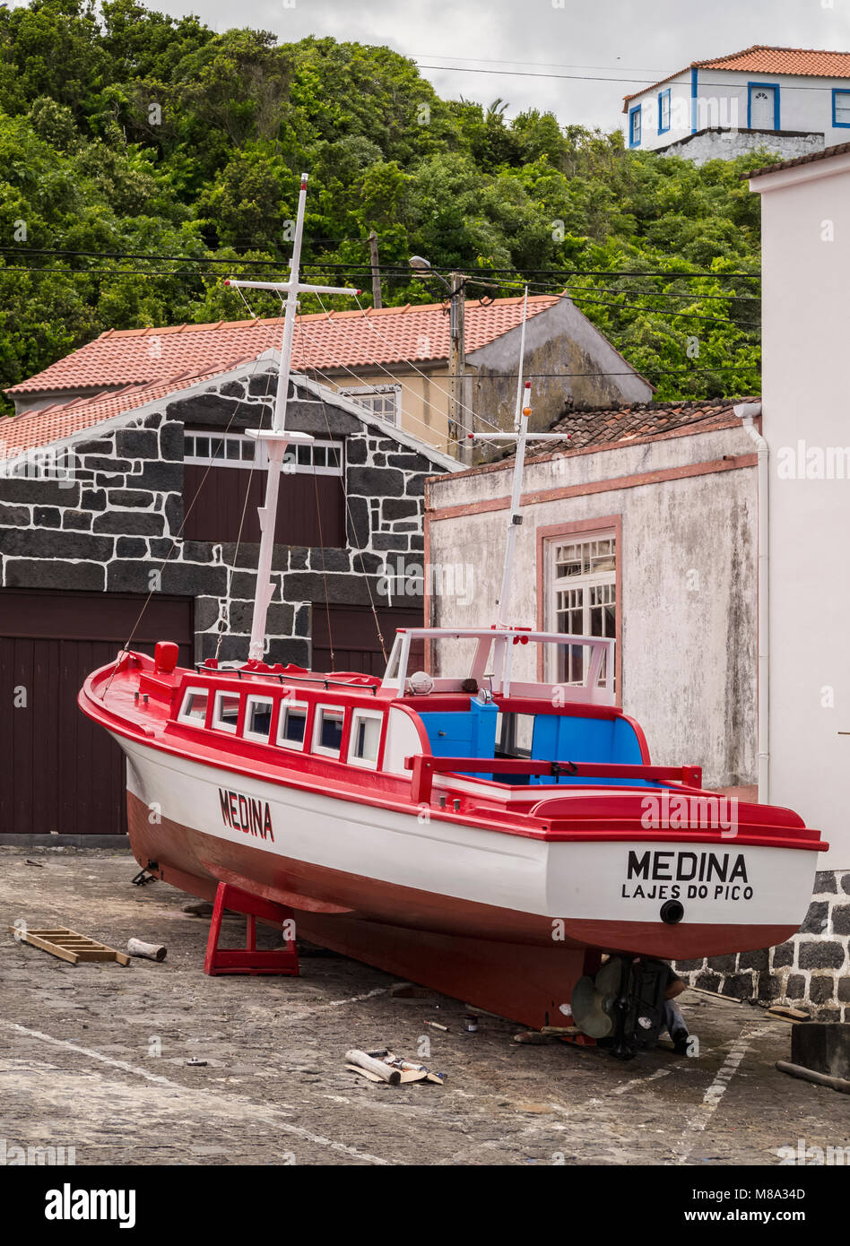 Traditional Whaling Motorboat, Port in Calheta de Nesquim, Pico Island, Azores, Portugal Stock Photo