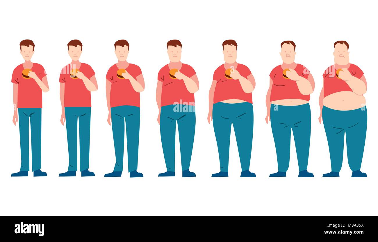 Man eating fast food and getting fatter. Stock Vector