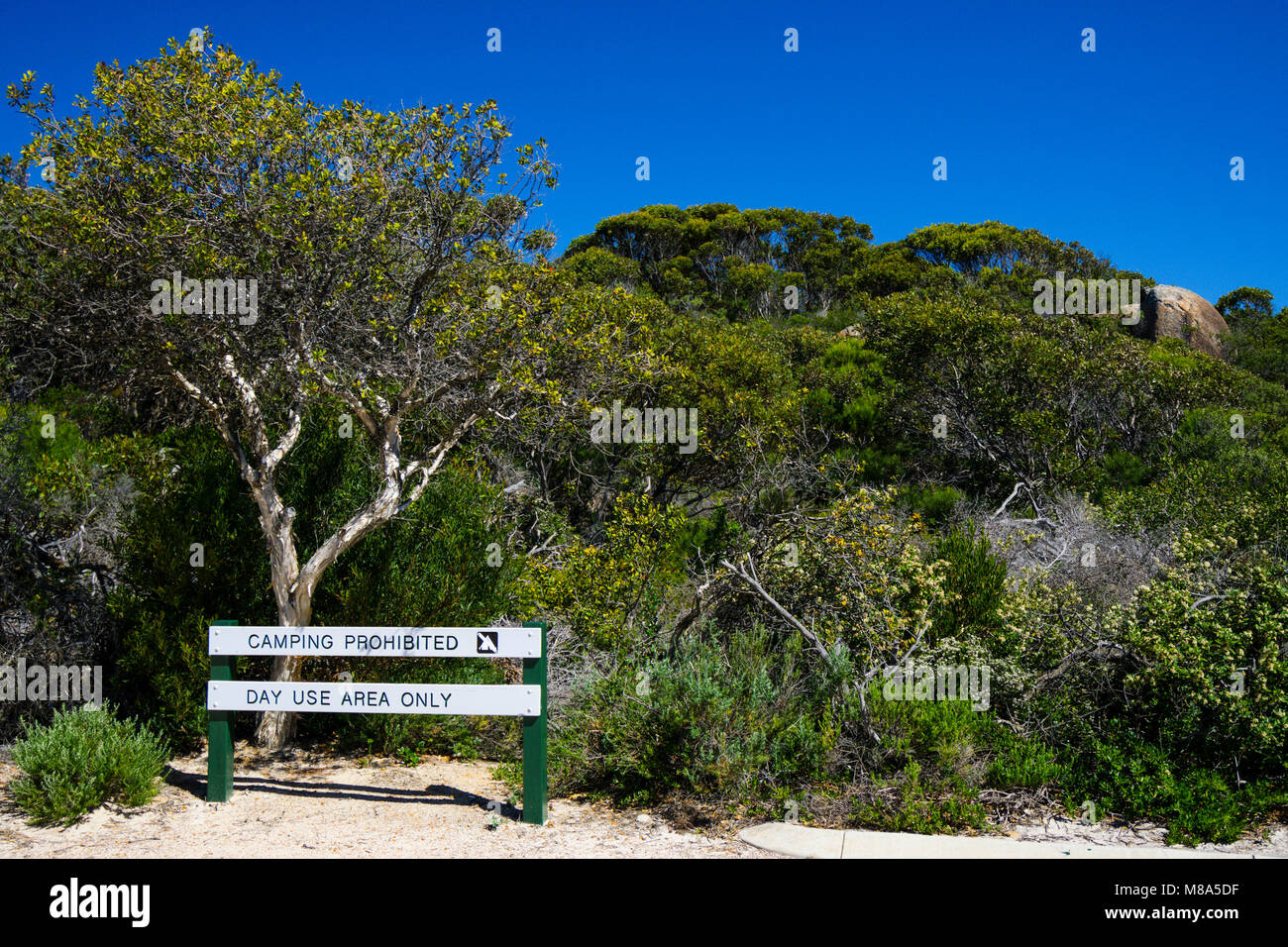 No Camping Sign, Cape Le Grand National Park, Esperance Western Australia Stock Photo