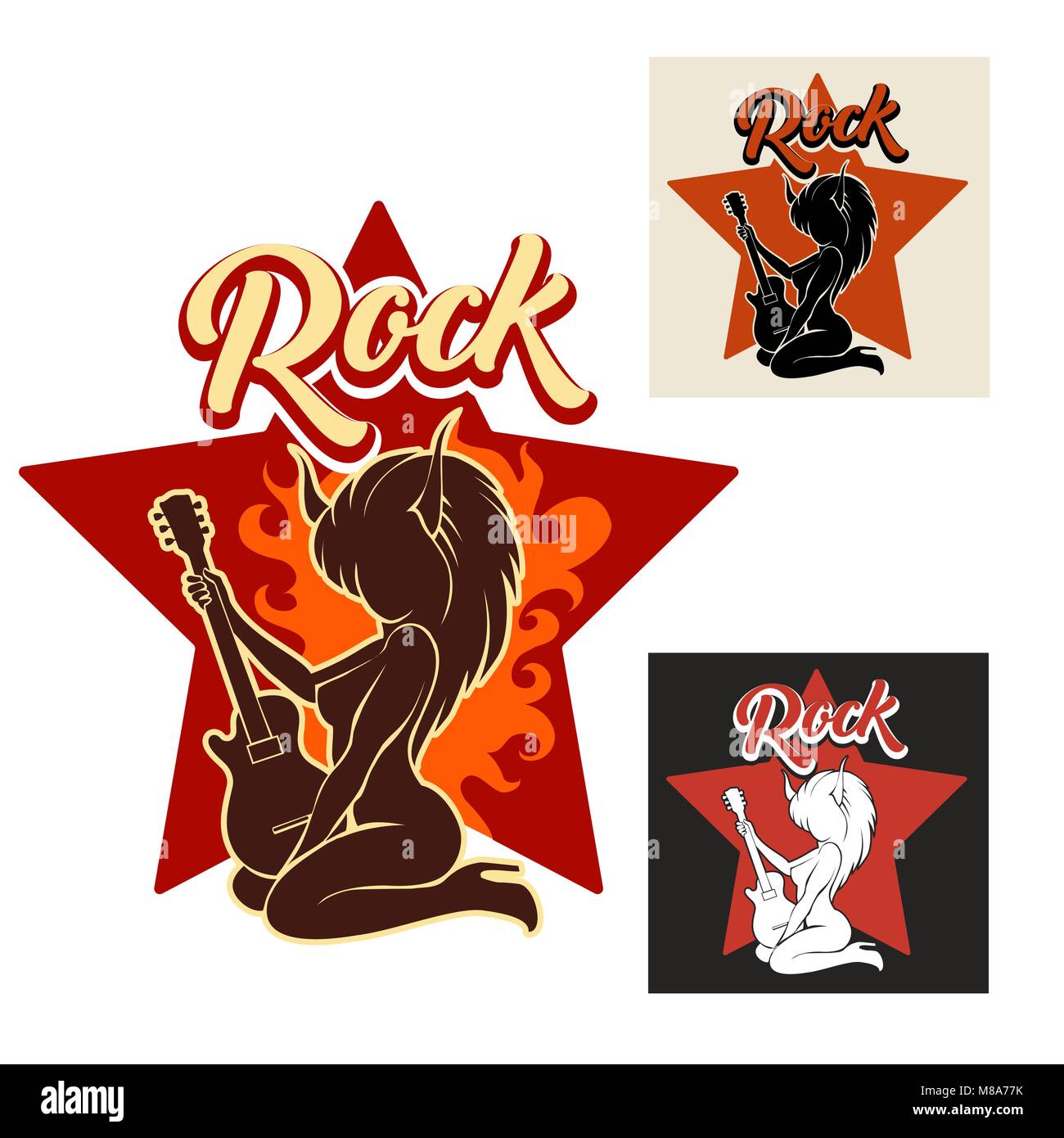Silhouette of girl with horns playing electric guitar in flame against star. Rock music Emblem set. Vector illustration. Stock Vector