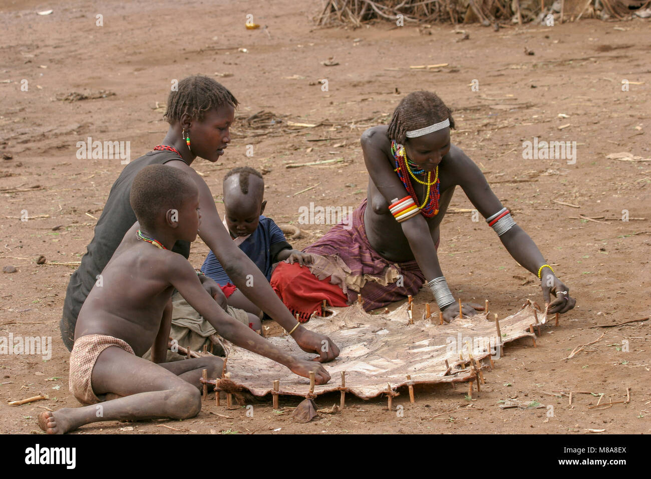 Daasanach Tribe Village woman curing animal skin to leather Stock Photo