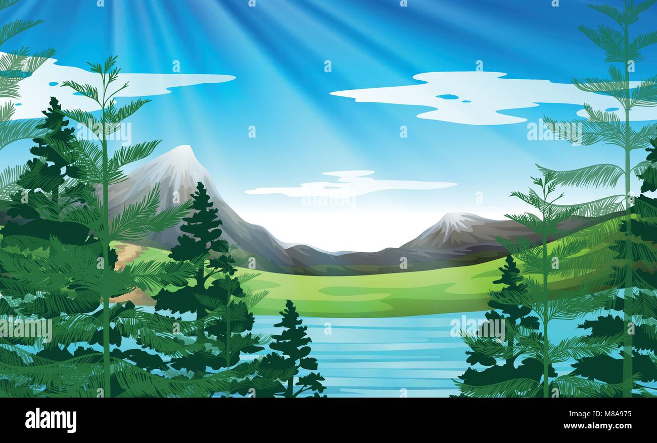 Background scene of lake and pine forest illustration Stock Vector