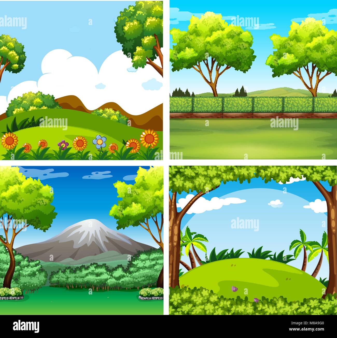 Four background scenes with trees and field illustration Stock Vector ...