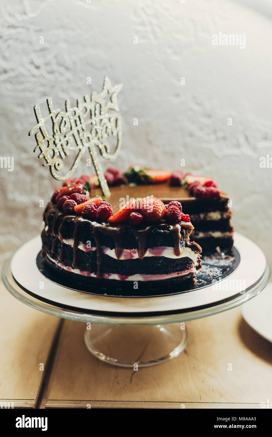 Cake With Happy Birthday Sign Stock Photo Alamy