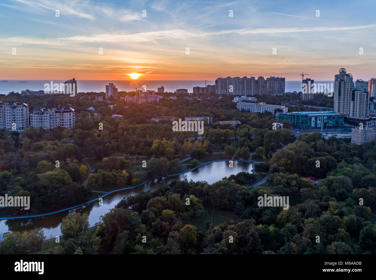 Aerial shot of Victory Park in Odessa at sunsrise. Shot looking towards the the BLack Sea and Arkadia in Autumn Stock Photo