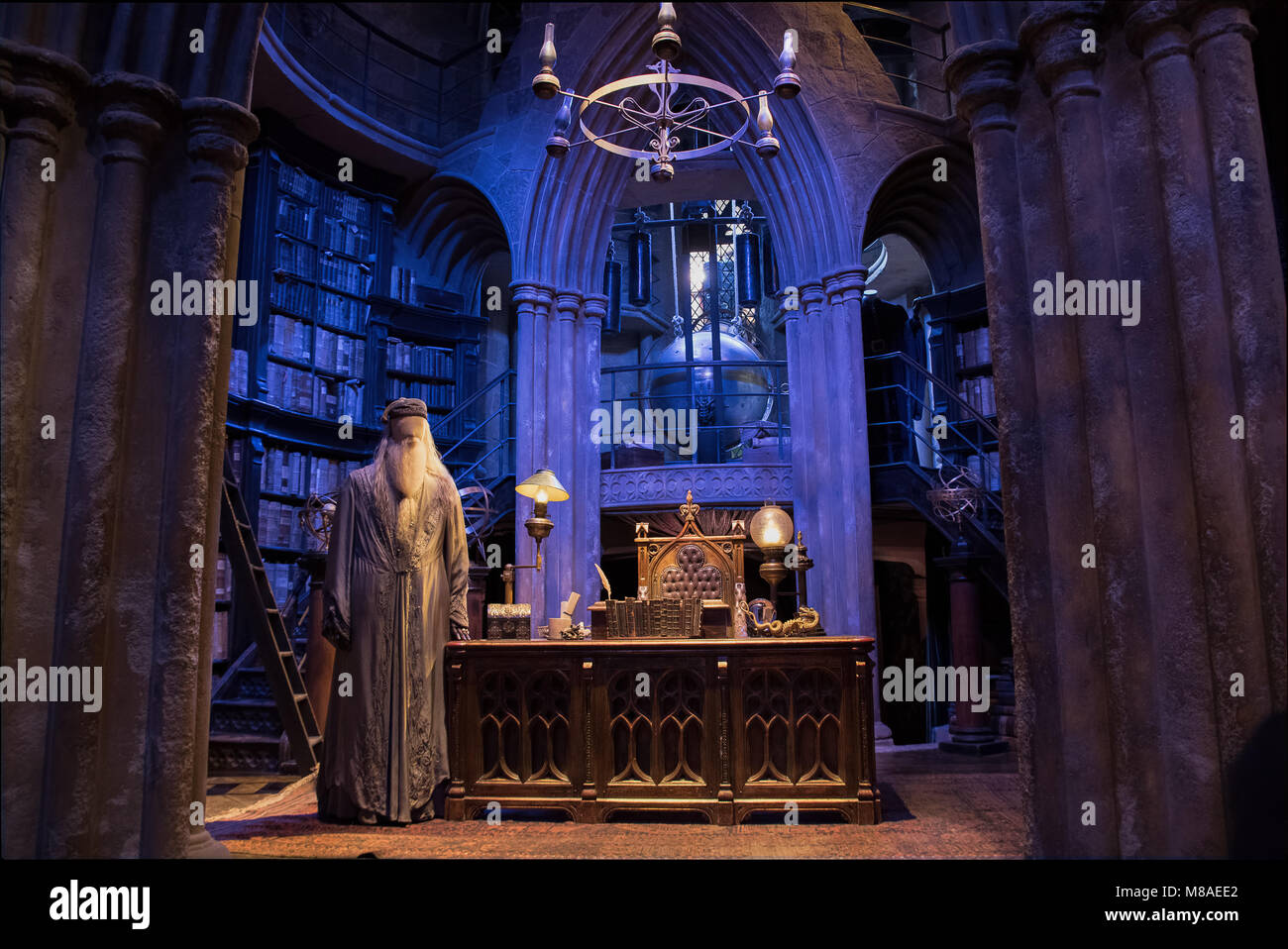 LEAVESDEN, UK - FEBRUARY 24TH 2018: Dumbledore's office display at the Making of Harry Potter tour at Warner Bros studio in Leavesden, UK Stock Photo