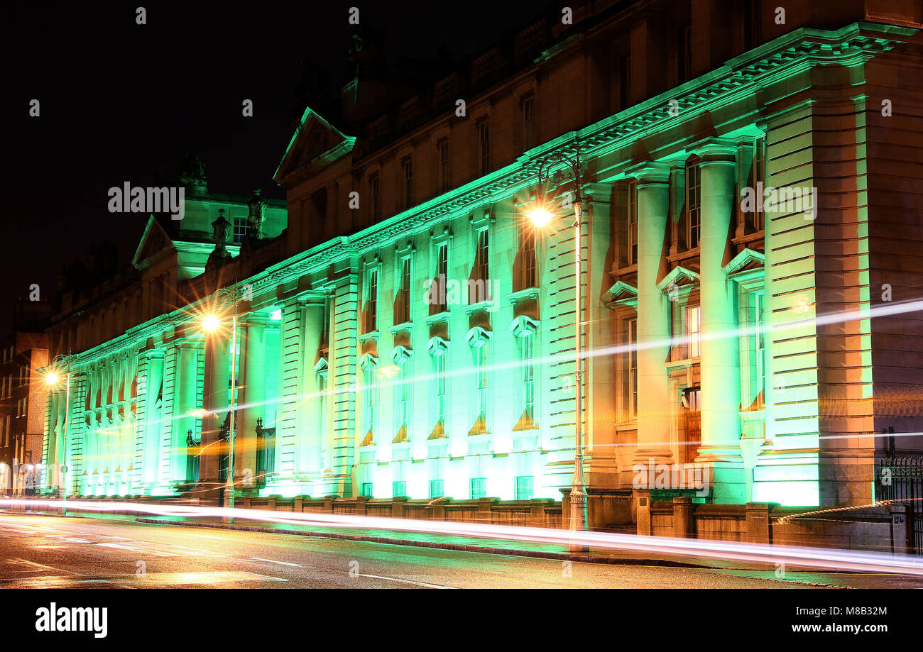 *NOTE LONG EXPOSURE* The office of the Attorney General, Government Buildings and the Department of Finance in Dublin are illuminated in green for the four-day-long St Patrick's festival. Stock Photo