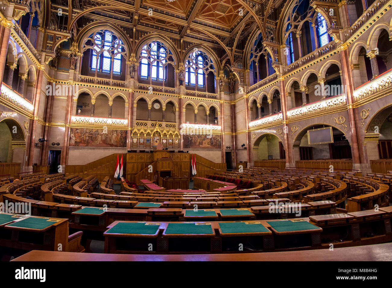 Interior view of Parliament Building in Budapest. The building was completed in 1905 and is in Gothic Revival style. Stock Photo