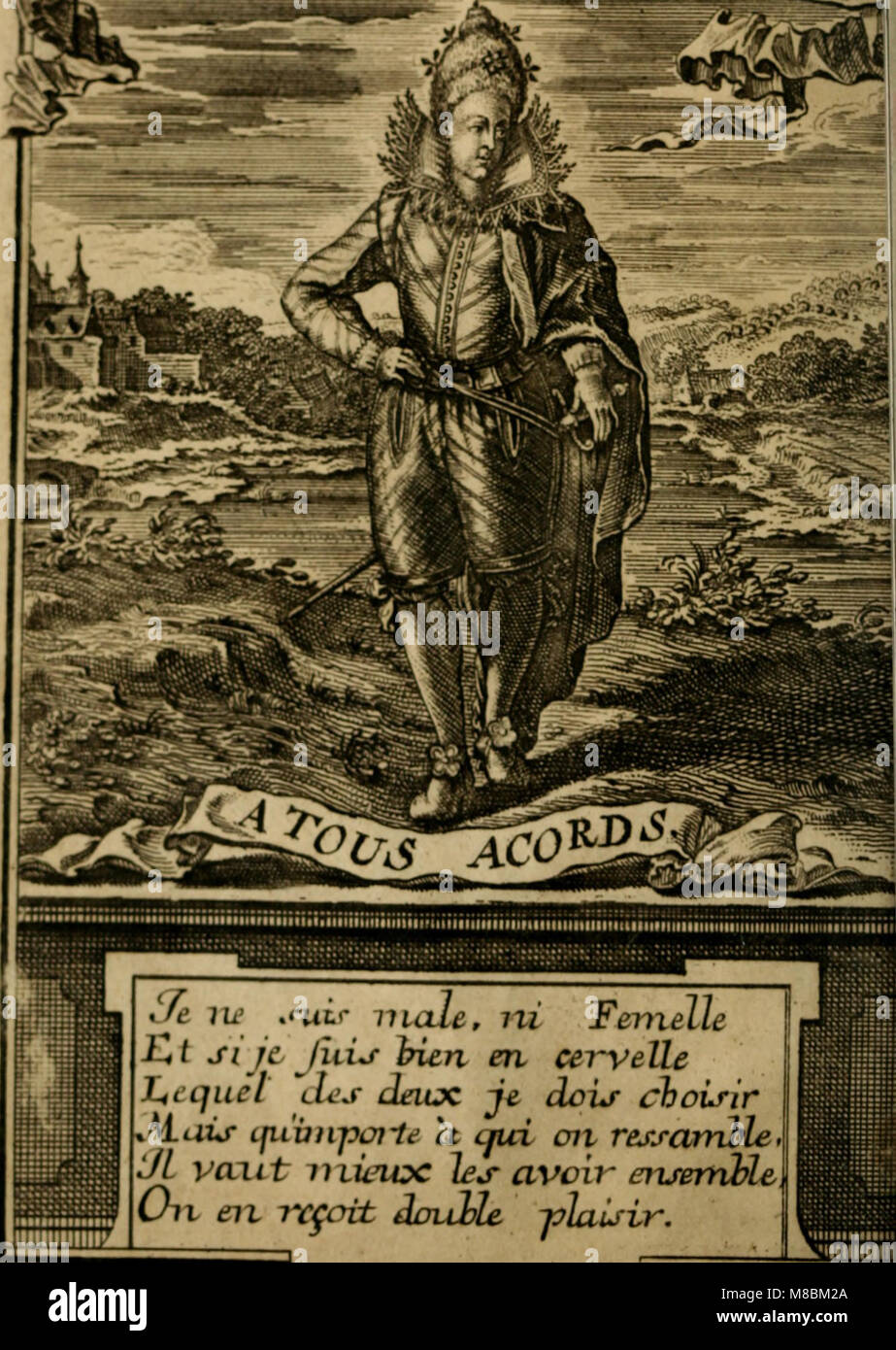 Description de l'isle des hermaphrodites, nouvellement decouverte - contenant les mœurs, les coutumes and les ordonnances des habitans de cette isle, comme aussi le discours de Jacophile à Limne, avec (14774 0198 Stock Photo