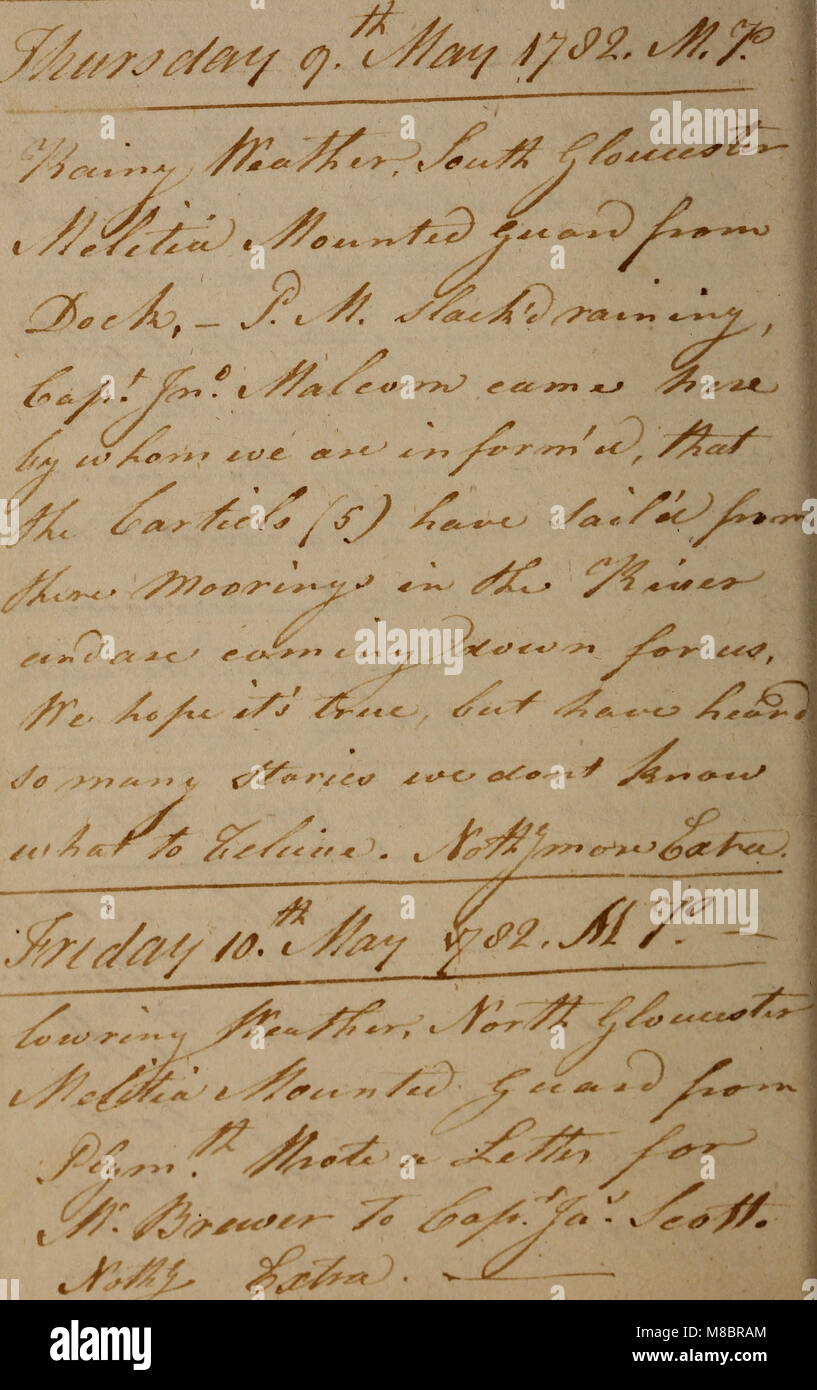 Diaries of cruise with privateer from Boston, capture, ordeals in Old Mill Prison at Plymouth, England, attempted escapes, and release (manuscript) (1779) (14595871799) Stock Photo