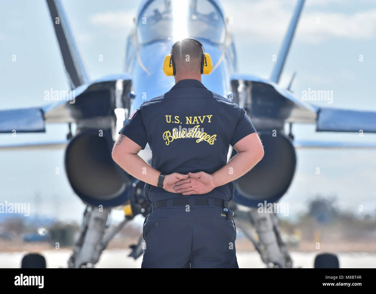 EL CENTRO, Calif. (Feb. 22, 2018) Blue Angel Crew Chief, Aviation Ordnanceman 2nd Class, Josh Labbe, prepares to launch Lt. Damon Kroes, for a pratice demonstration. The Blue Angels are scheduled to perform more than 60 demonstrations at more than 30 locations across the U.S. in 2018. (U.S. Navy Stock Photo
