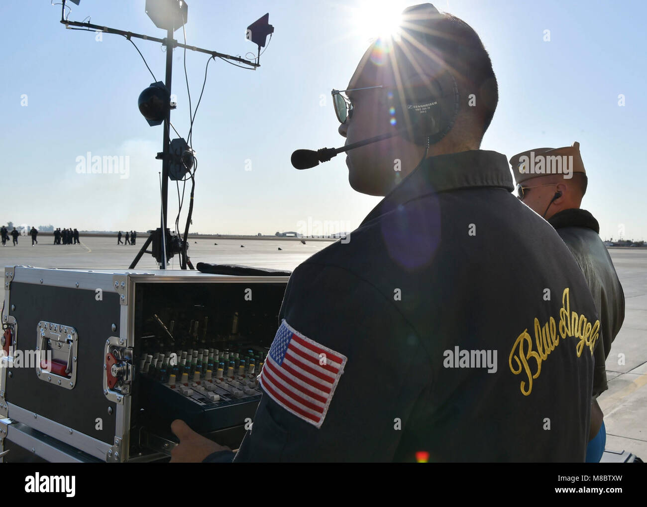 EL CENTRO, Calif. (Feb. 22, 2018) Yeoman 2nd Class, Jaime Del Toro, operates music and narration equipment during a practice demonstration. The Blue Angels are scheduled to perform more than 60 demonstrations at more than 30 locations across the U.S. in 2018. (U.S. Navy Stock Photo