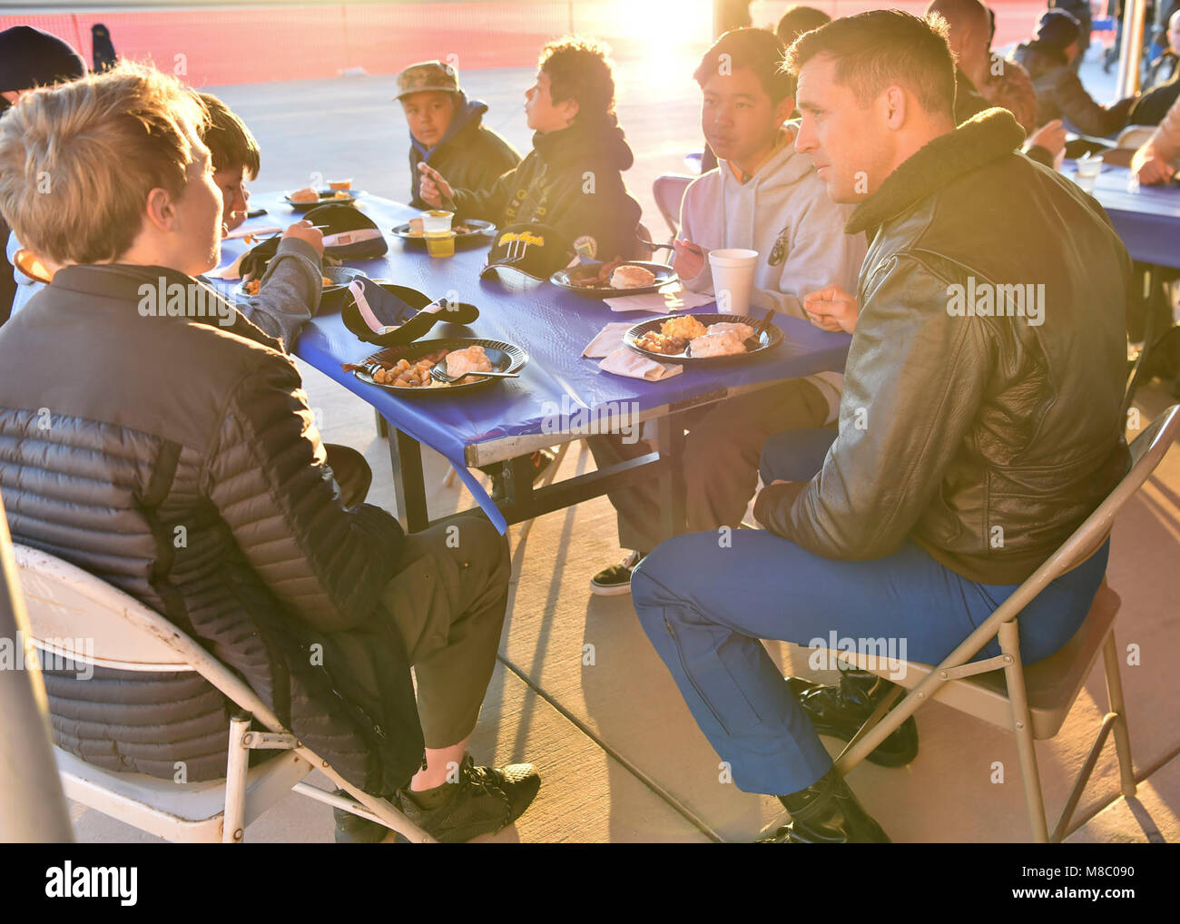 NAF EL CENTRO, Calif. (Feb. 24, 2018) Blue Angels Left Wing Pilot, Maj. Jeff Mullins, speaks with local Boy Scouts during a breakfast event at NAF El Centro. The Blue Angels are scheduled to perform more than 60 demonstrations at more than 30 locations across the U.S. in 2018. (U.S. Navy Stock Photo