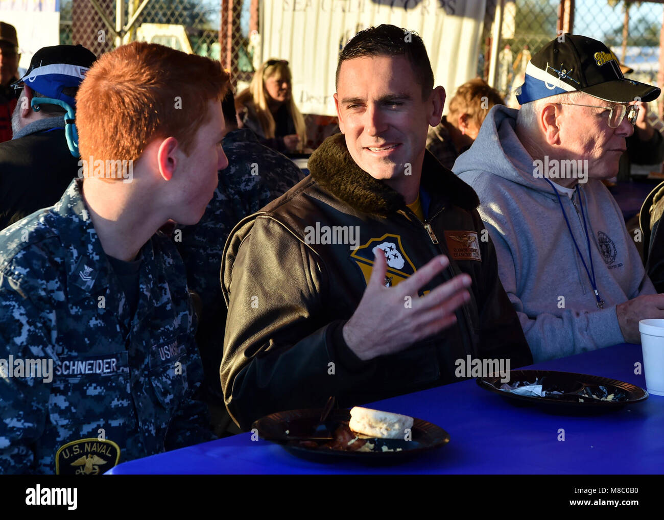 NAF EL CENTRO, Calif. (Feb. 24, 2018) Blue Angels Right Wing Pilot, Lt. Damon Kroes, speaks with a local Boy Scout during a breakfast event at NAF El Centro. The Blue Angels are scheduled to perform more than 60 demonstrations at more than 30 locations across the U.S. in 2018. (U.S. Navy Stock Photo