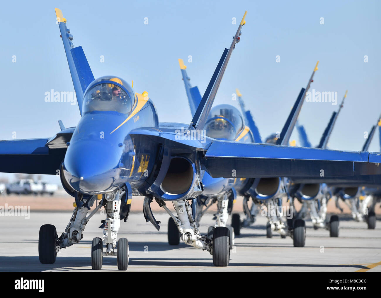 NAF EL CENTRO, Calif. (Feb. 24, 2018) The Blue Angels Delta taxis onto the flightline following a practice demonstration. The Blue Angels are scheduled to perform more than 60 demonstrations at more than 30 locations across the U.S. in 2018. (U.S. Navy Stock Photo