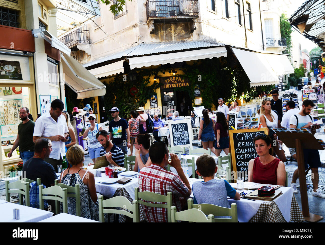 Restaurants bars and cafes on the narrow streets of Athens's old city