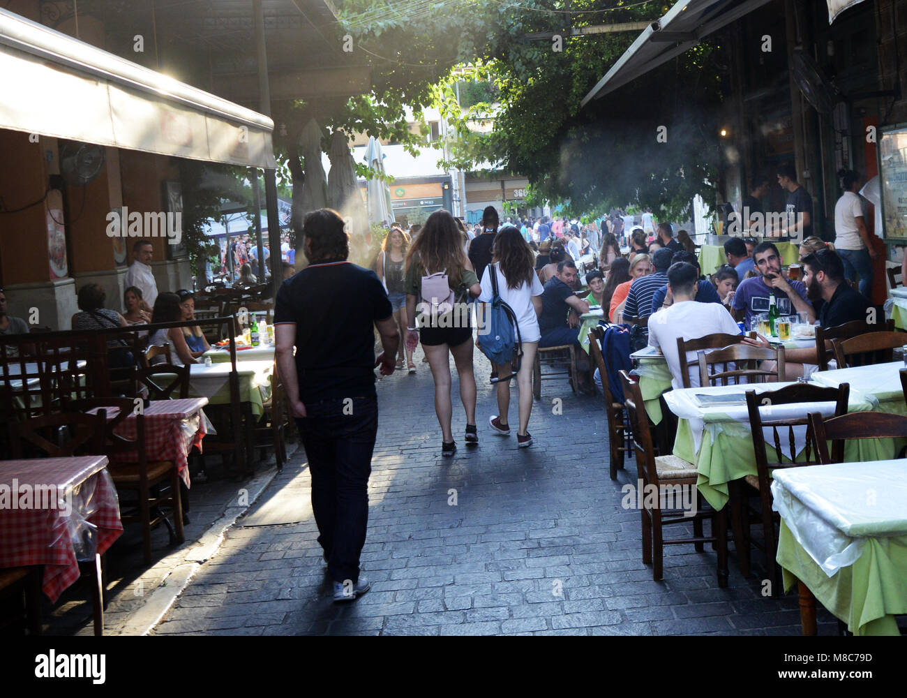 Restaurants bars and cafes on the narrow streets of Athens's old city