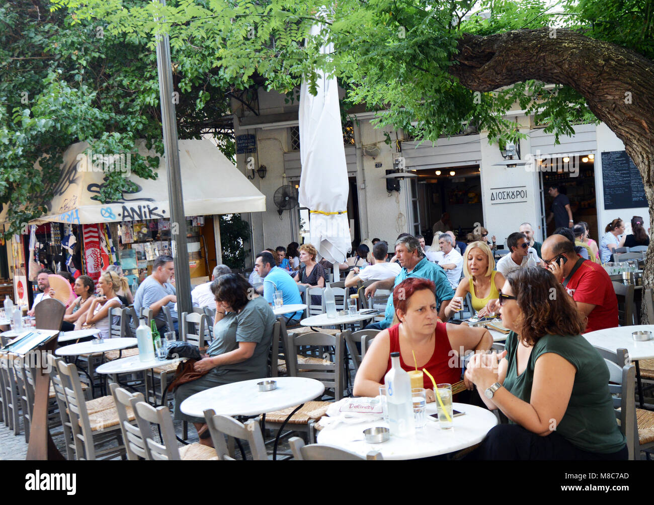 Restaurants bars and cafes on the narrow streets of Athens's old city