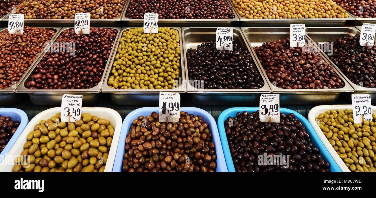 Greek olives stall at the Dimotiki Agora ( public market ) in Athens ...