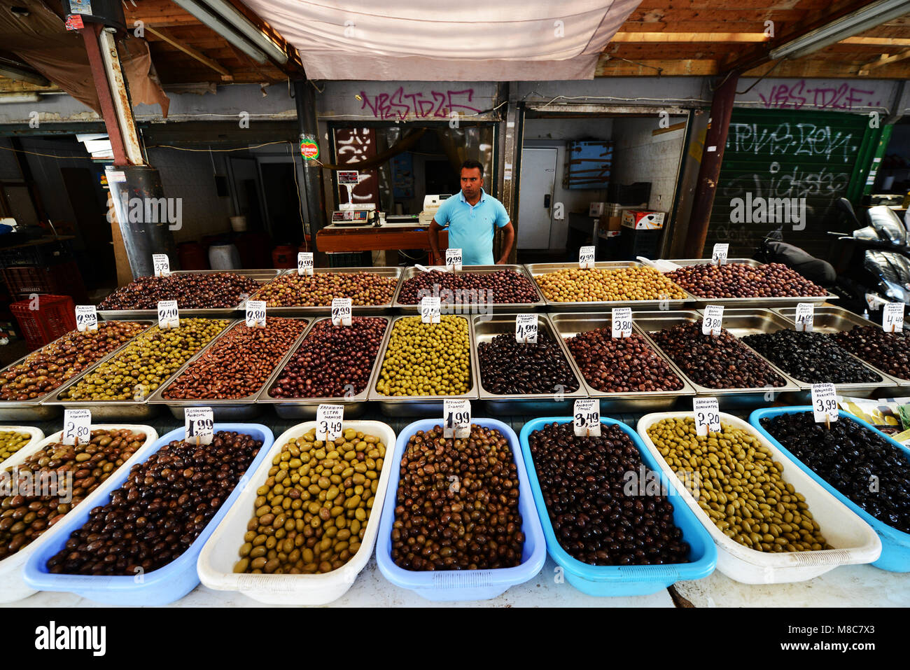 Greek olives stall at the Dimotiki Agora ( public market ) in Athens