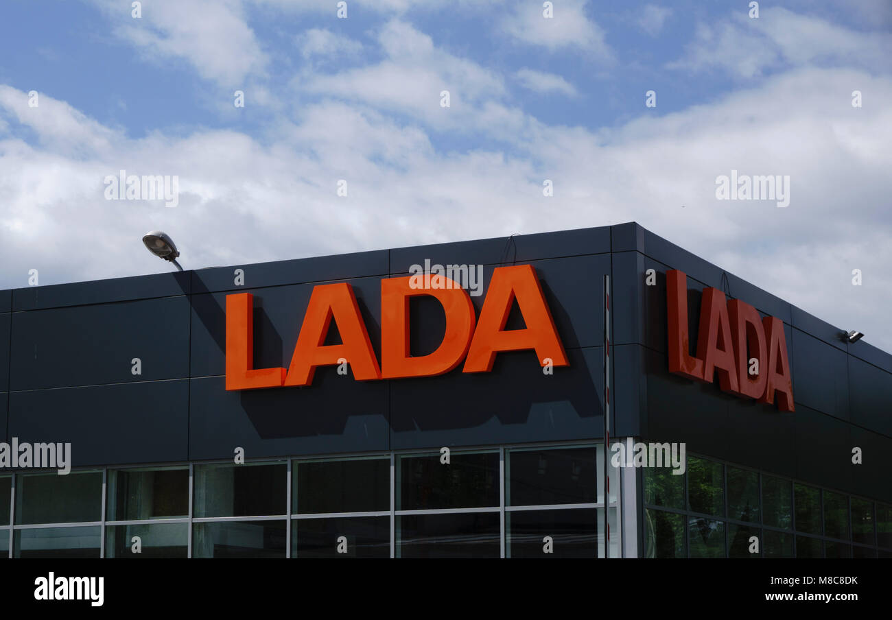 Berezniki,Russia-July 10 : sign Official dealership of Lada. Lada is a  Russian automobile manufacturer Stock Photo - Alamy