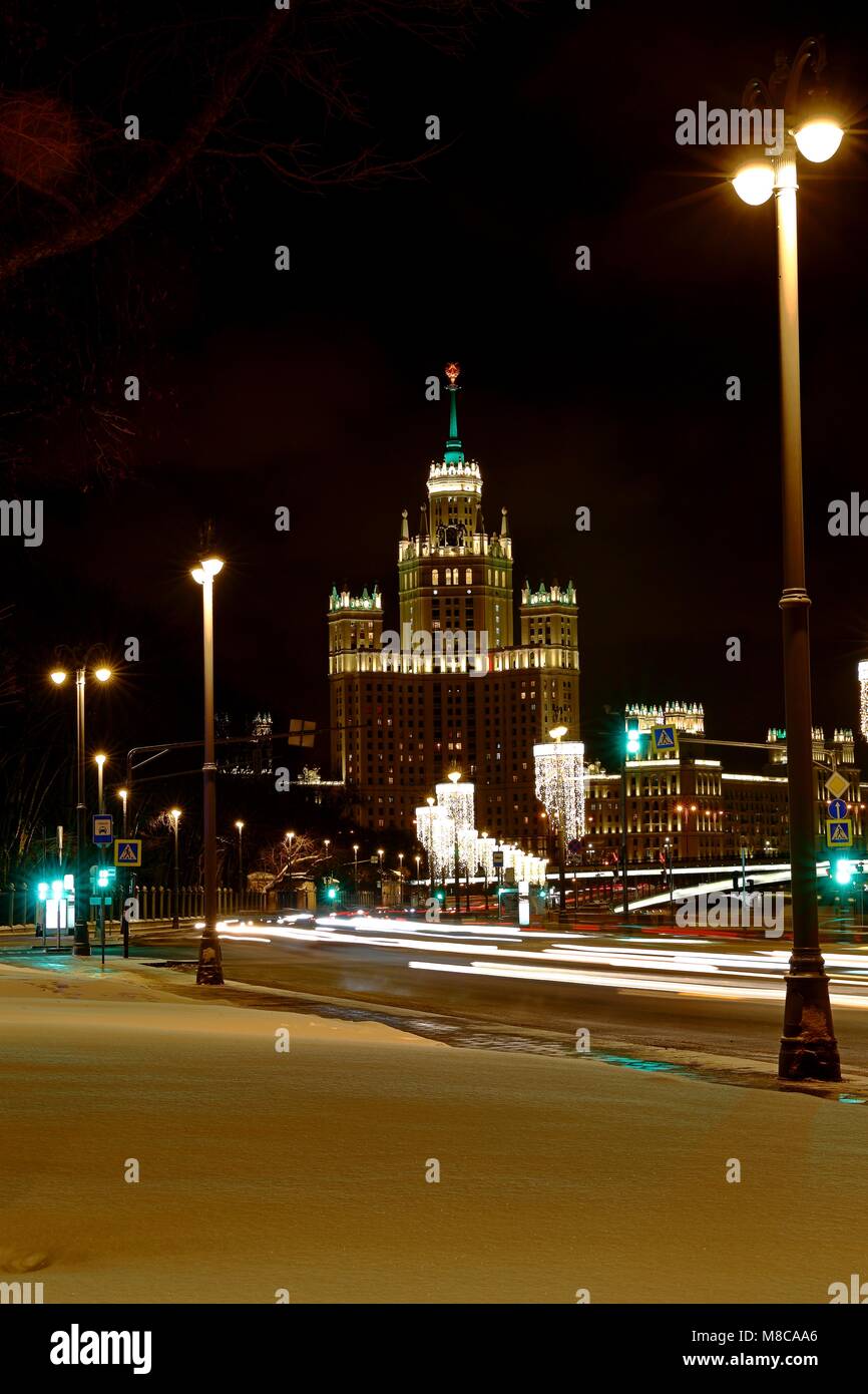 Kotelnicheskaya Embankment Building One of the Moscow Seven Sisters at night Stock Photo
