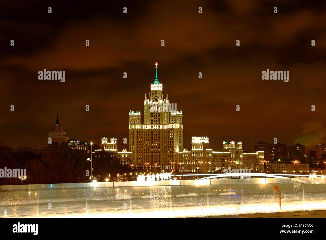 Kotelnicheskaya Embankment Building One of the Moscow Seven Sisters at night Stock Photo