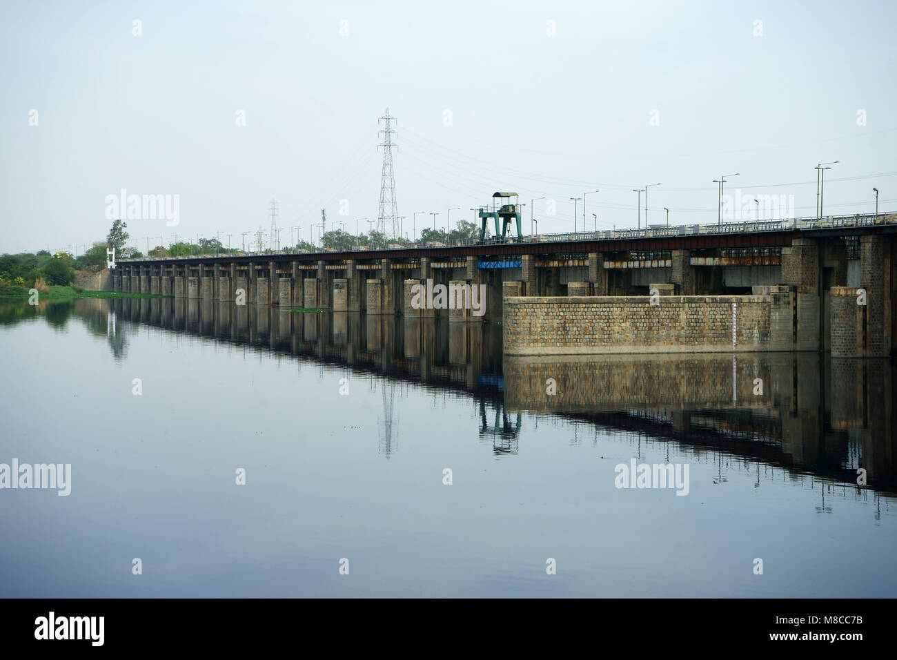 Yamuna river lake and Bridge, Hydroelectric dam, New Delhi, India Stock Photo
