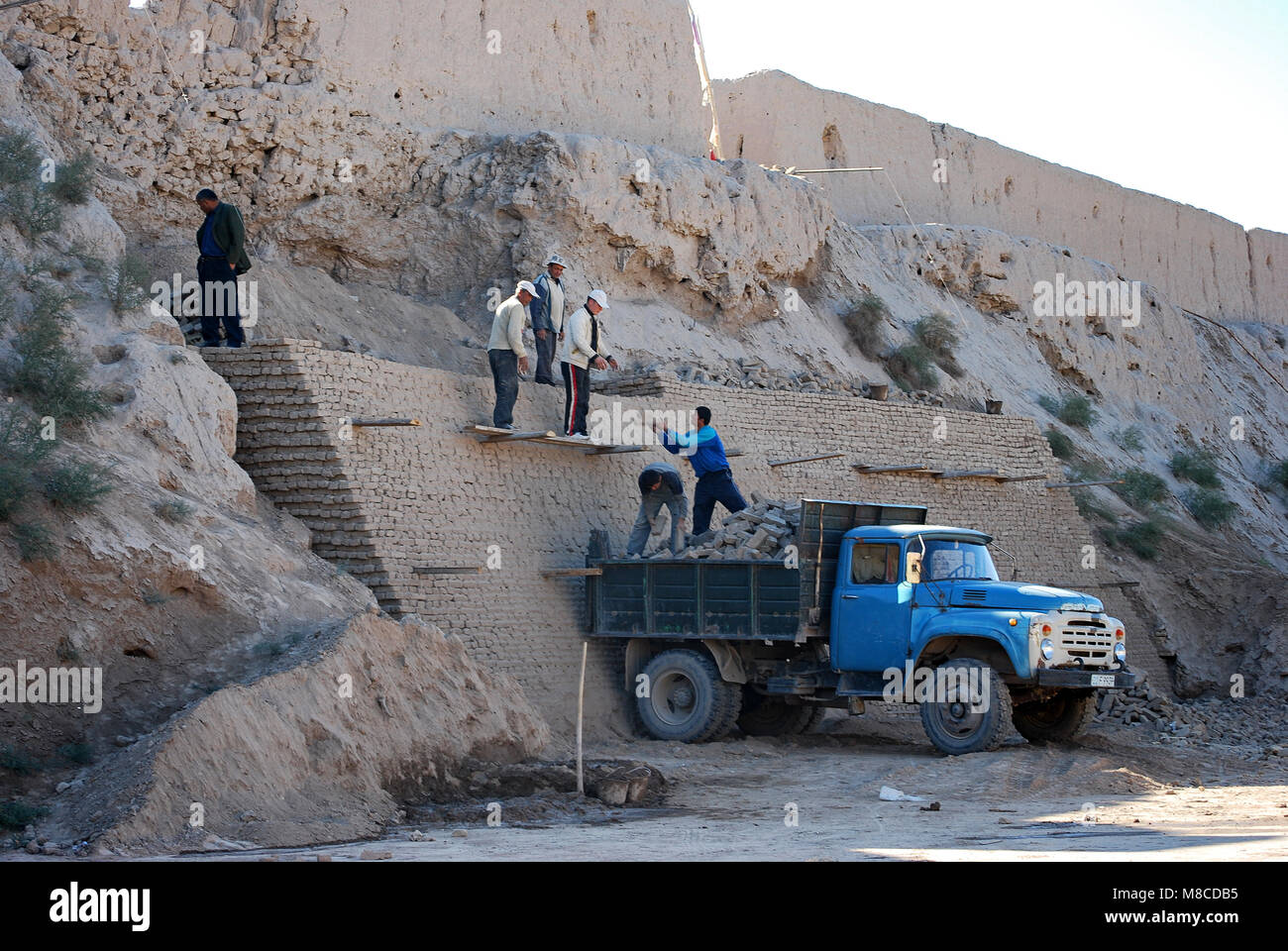 Works of consolidation of the city walls, Khiva - Uzbekistan Stock Photo