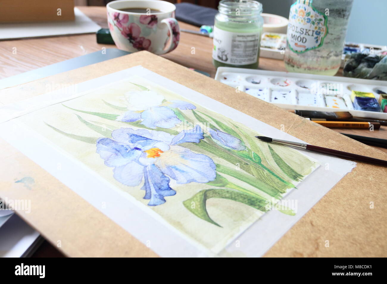 Iris flowers watercolor painting Stock Photo