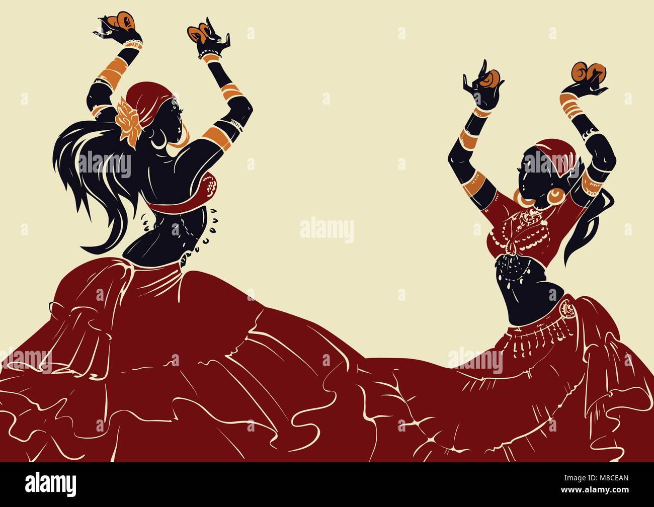 Tribal Fusion bellydance dancer stencil silhouette graphic design Stock Vector