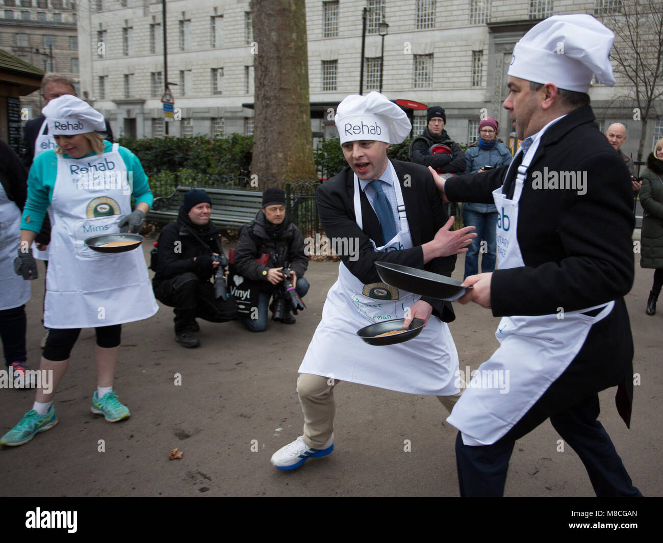 The 21st annual Rehab Parliamentary Pancake Race, supported by Lyle’s Golden Syrup, between a team of MPs and media in Victoria Tower Gardens, Millbank.  Featuring: Parliamentary Team Where: London, England, United Kingdom When: 13 Feb 2018 Credit: Wheatley/WENN Stock Photo