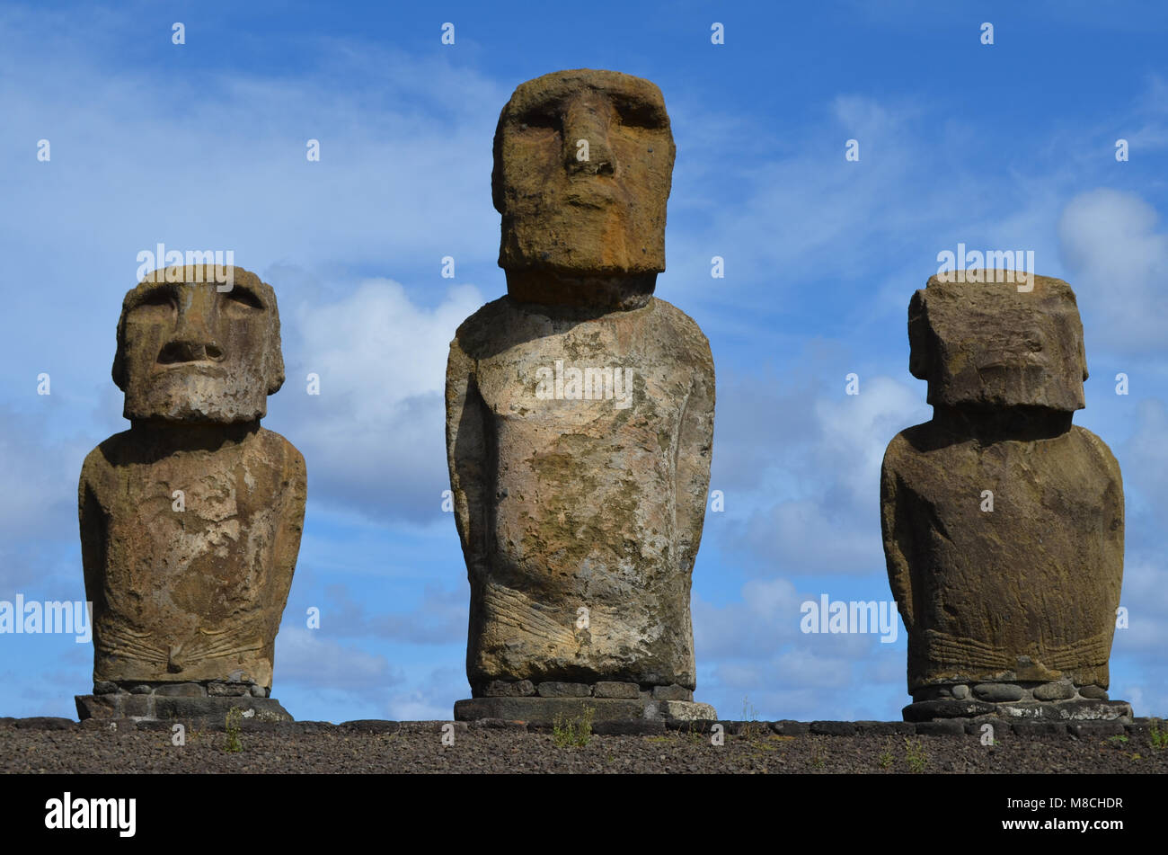Moais in the ceremonial platform (Ahu) at Tongariki beach, Rapa Nui
