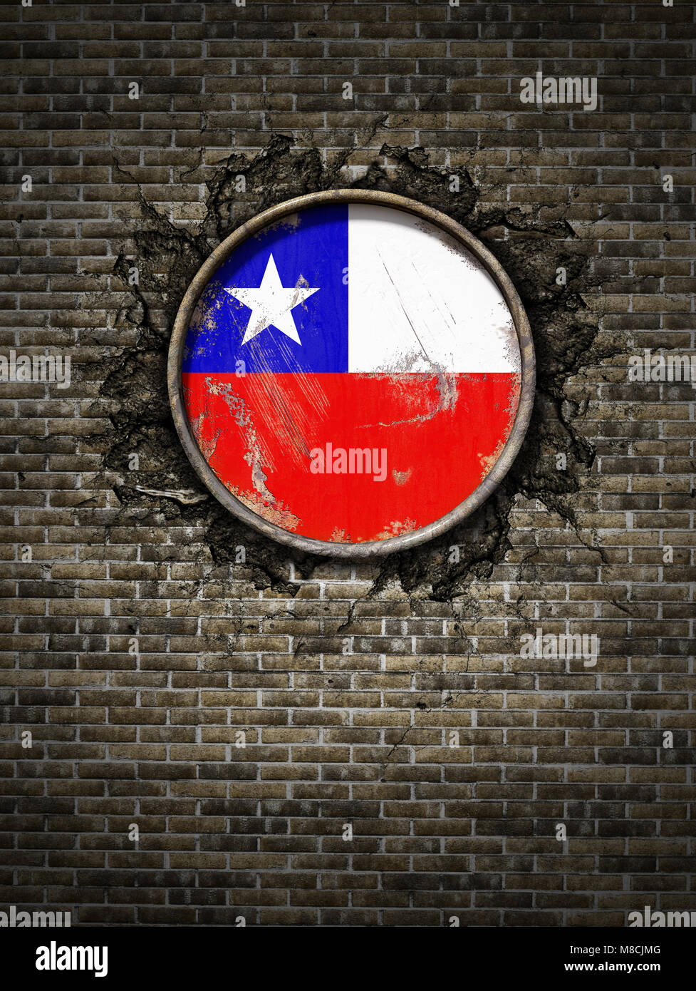3d rendering of a Chile flag over a rusty metallic plate embedded on an ...