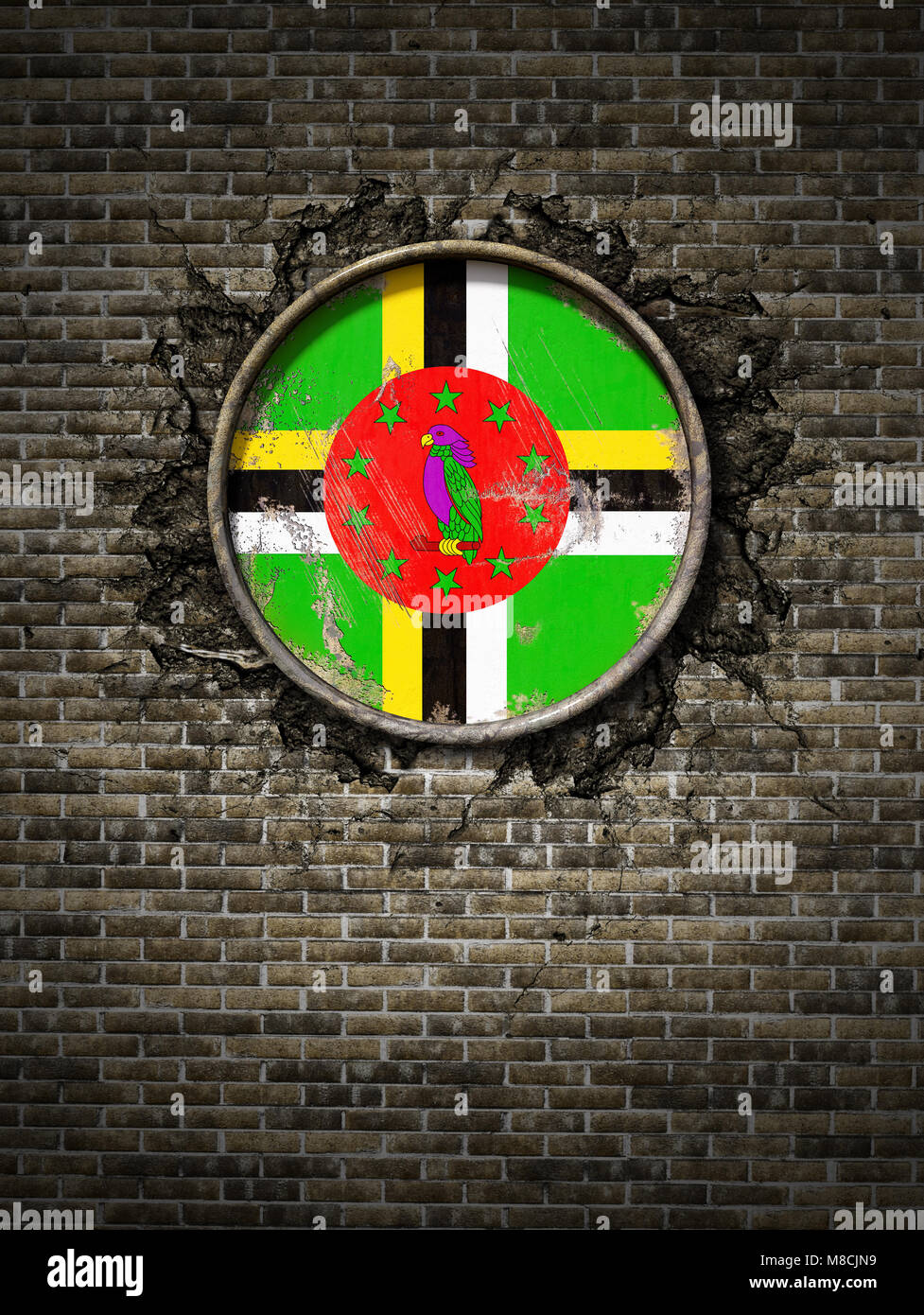 3d rendering of a Dominica flag over a rusty metallic plate embedded on ...