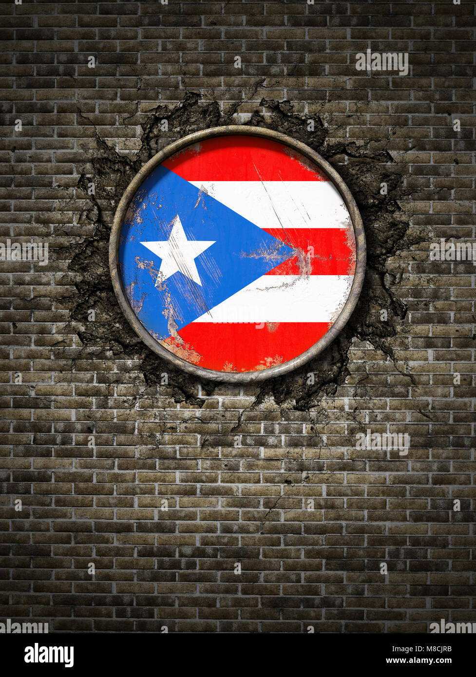 3d rendering of a Puerto Rico flag over a rusty metallic plate embedded ...