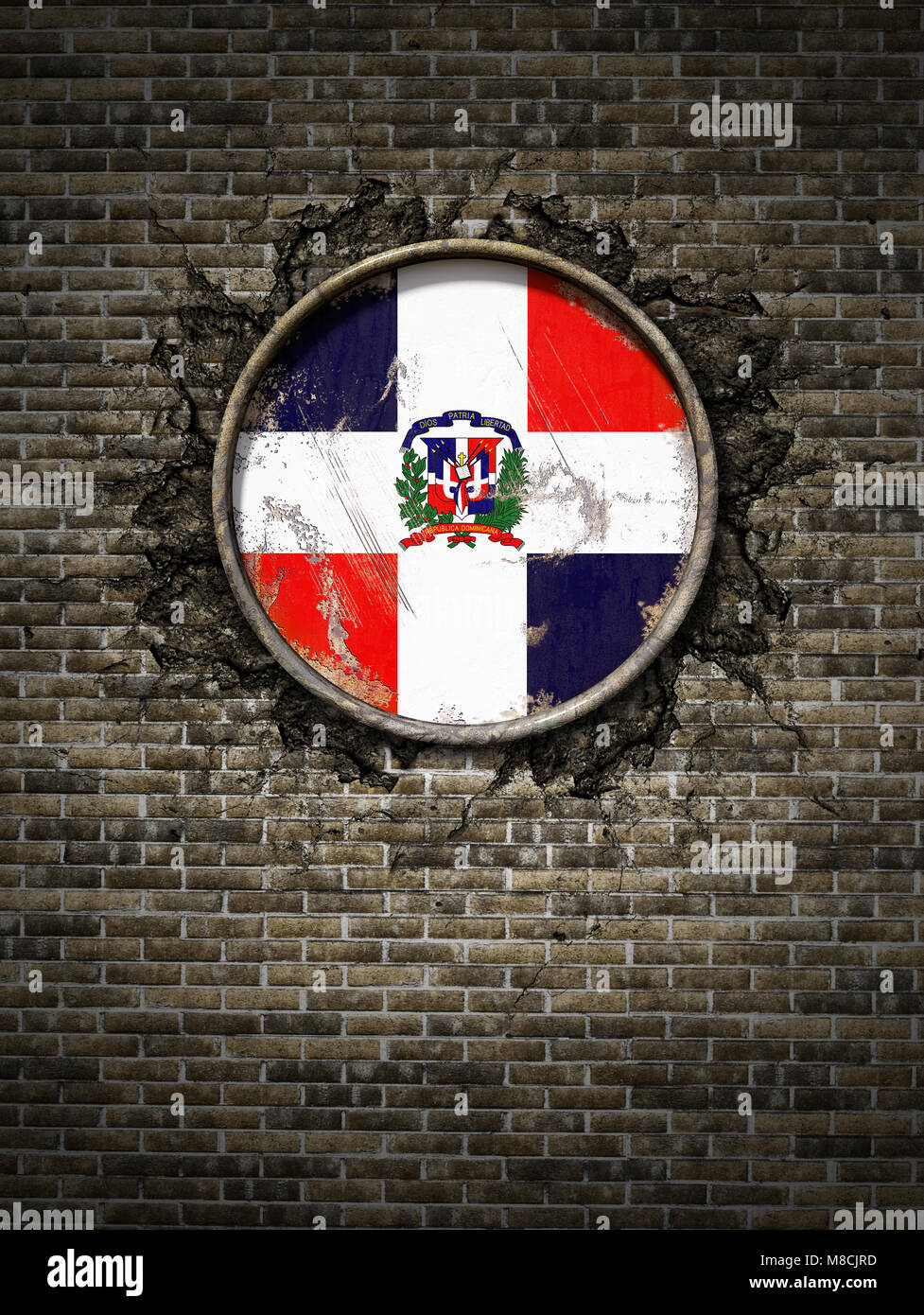 3d rendering of a Dominican Republic flag over a rusty metallic plate ...