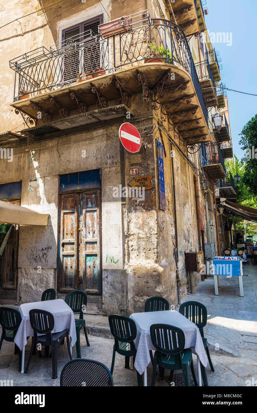 Palermo, Italy - August 10, 2017: Terrace of a restaurant bar in the old town of Palermo in Sicily, Italy Stock Photo