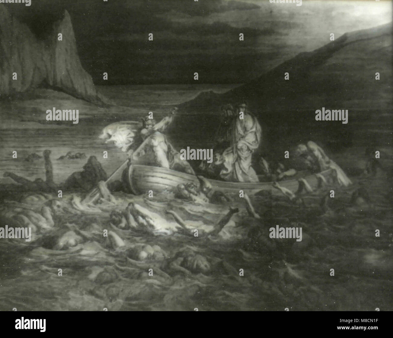 Phlegyas ferries Dante and Virgil across the Styx, Canto VIII (8), Dante's Inferno illustration by Dorè Stock Photo