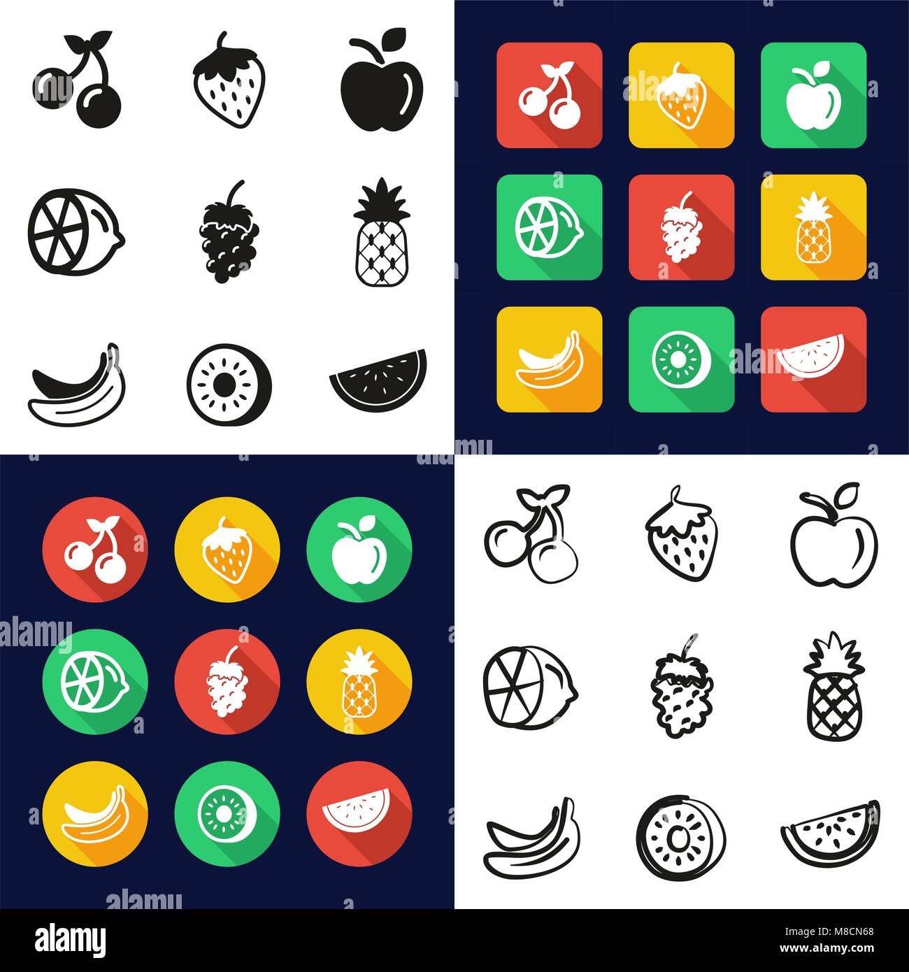 Fruit All in One Icons Black & White Color Flat Design Freehand Set ...