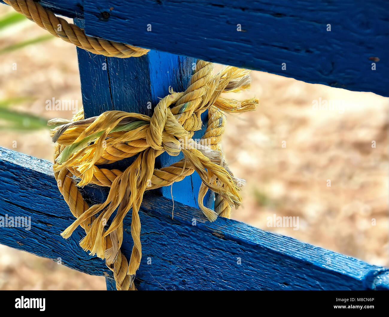 Thick jute yellow rope hanging from blue painted wooden planks Stock Photo  - Alamy