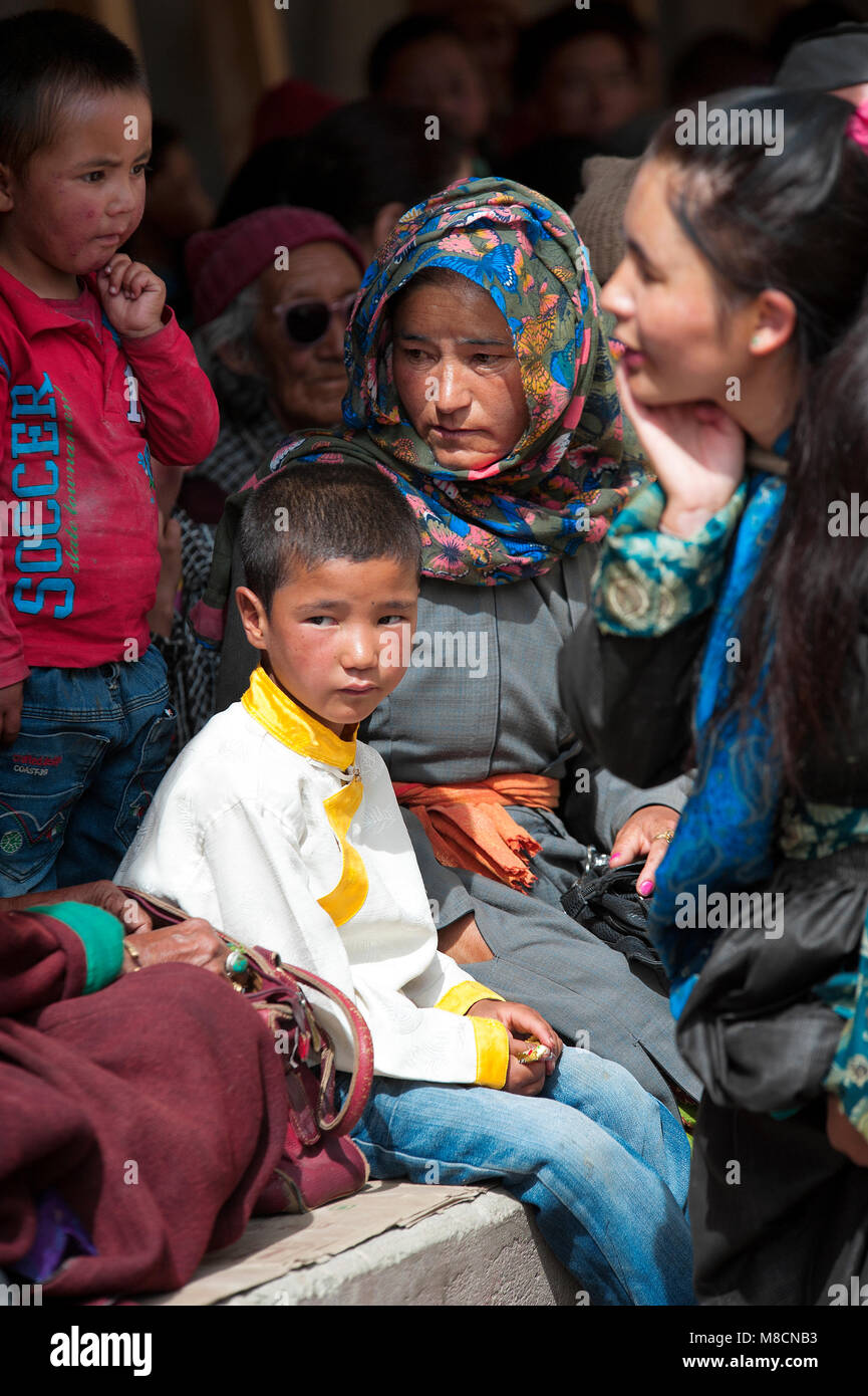 Common people in Lamayuru gompa during religious festival. Ladakh, Jammu and Kashmir, India Stock Photo