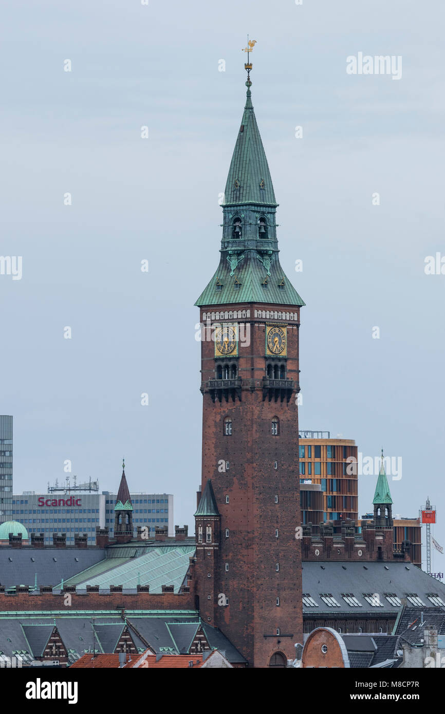 The city hall tower at Copenhagen City Hall seen from Christiansborg castle Stock Photo