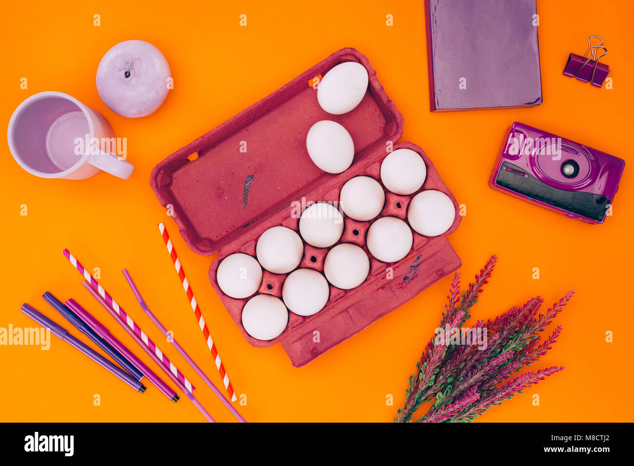 top view of chicken eggs in violet egg tray for easter painting