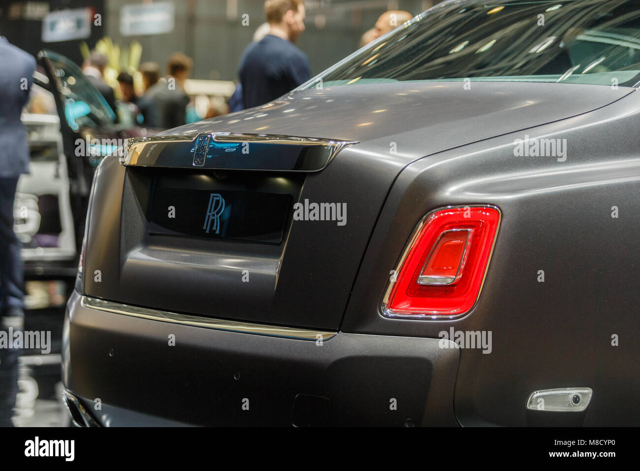 The Phantom 8 which is the brand Rolls-Royce gray color 4 doors presented  at the Geneva Motor Show in Switzerland in 2018 Stock Photo - Alamy