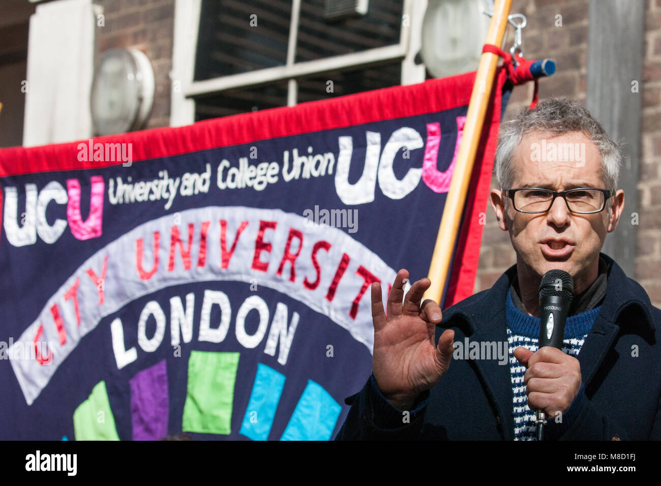 London, UK. 14th March, 2018. Professor Des Freedman, Vice President of Goldsmiths UCU, addresses the March for Pensions and Pay. Stock Photo