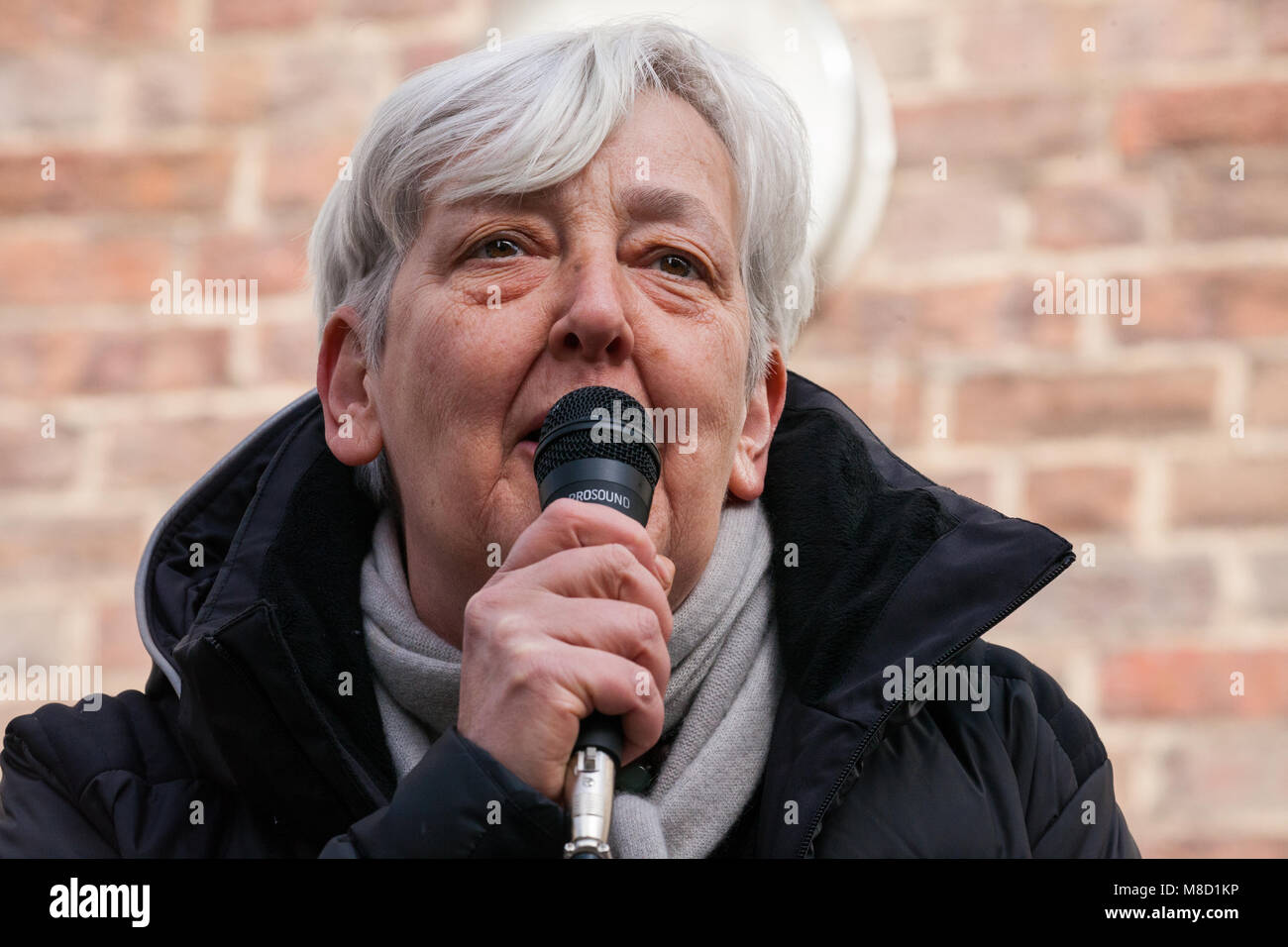 London, UK. 14th March, 2018. Candy Udwin of PCS addresses UCU union members and supporters before the March for Pensions and Pay. Stock Photo