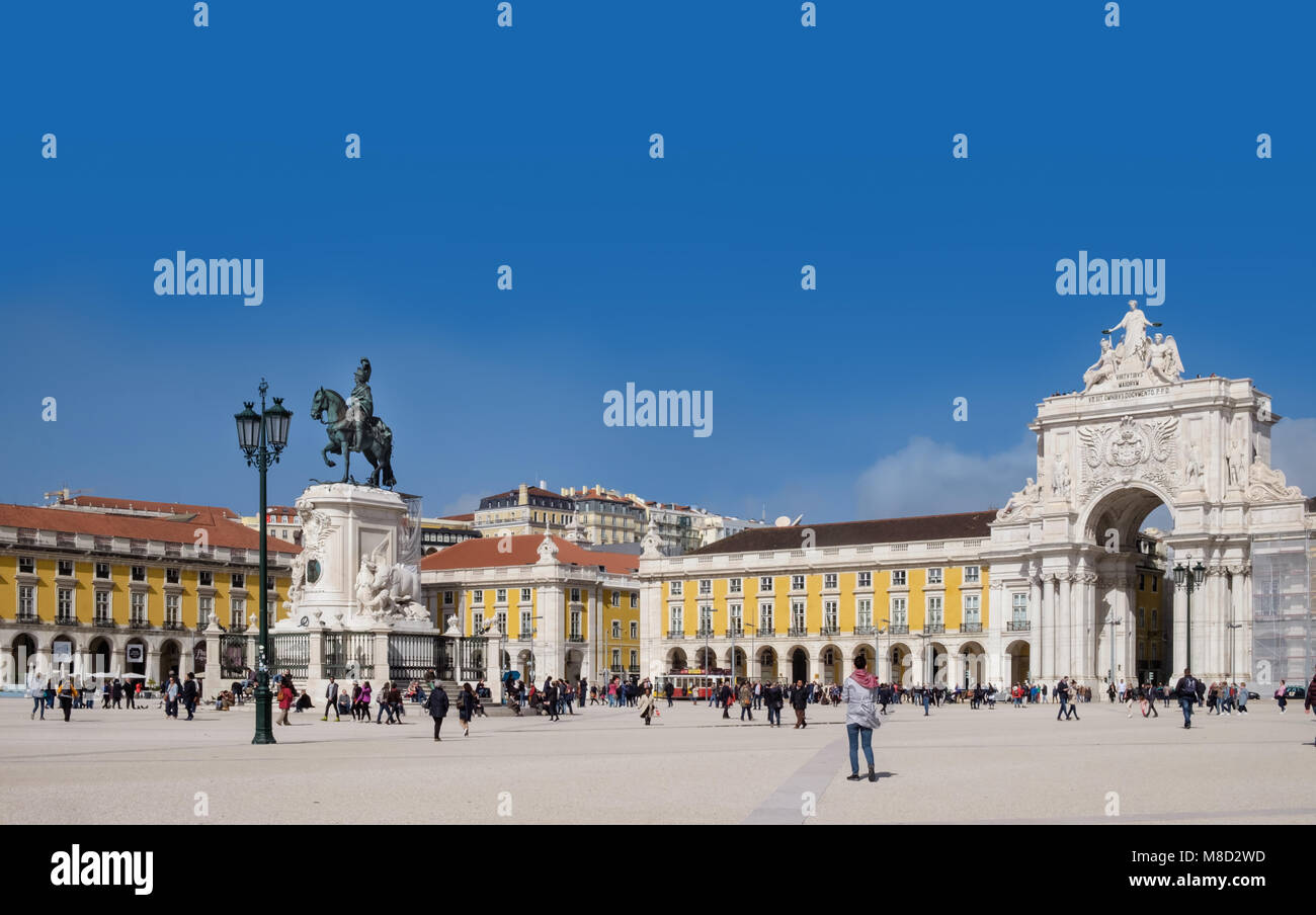 Praca do comercio, Lisbon, Portugal, triumphal arch and statue feature in this classicaly designed plaza Stock Photo