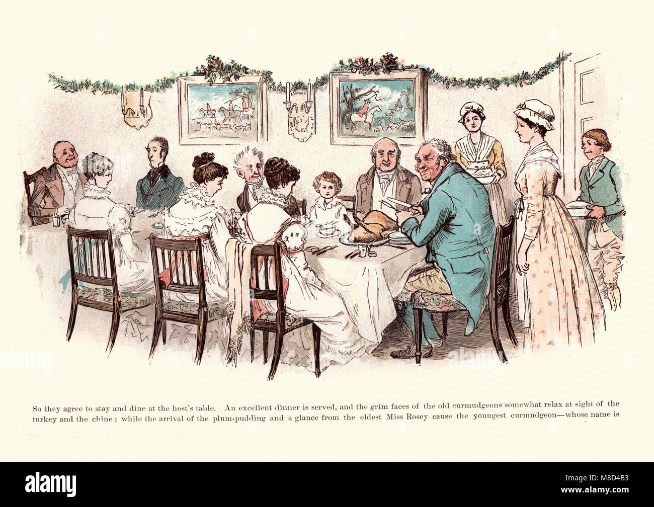 Victorian Illustration from The curmudgeons christmas by  Randolph Caldecott, 19th Century. Christmas dinner Stock Photo