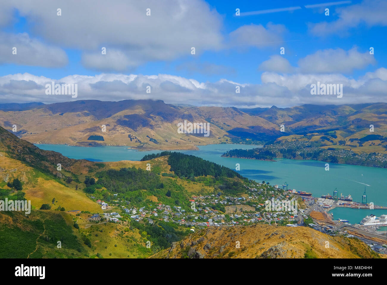 Beautiful view of Lyttelton Port and Harbour from the Christchurch Gondola Station  at the top of the Port Hills, Christchurch, Canterbury, New Zealan Stock Photo